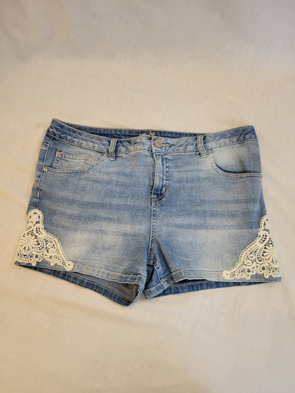 Light Blue Denim Shorts with Lace Trim - Women